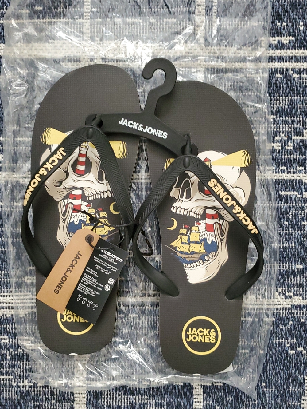 Jack & Jones Black Flip Flops with Skull & Ship Pirate NWT